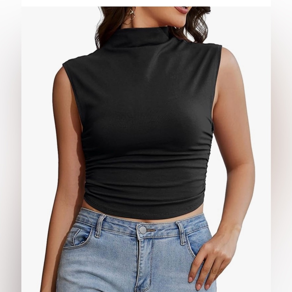 Black Solid Turtleneck Ruched Crop Tank Top High Collar
